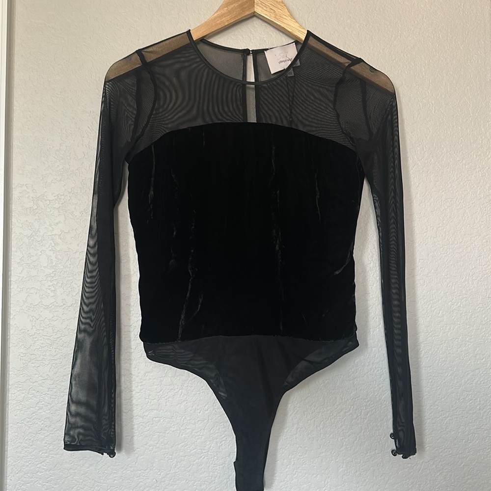 Cinq A Sept Black Velvet Sheer Long Sleeve Bodysuit - Picture 2 of 5